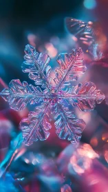 Crystal snowflake pirouettes in neon winter twilight glow
