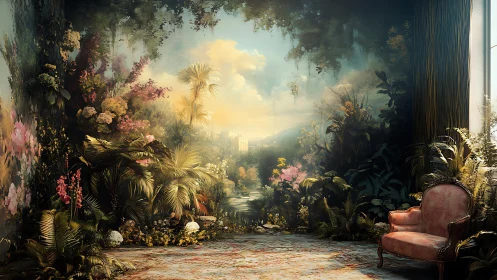 Interior merges with lush painted landscape under warm light