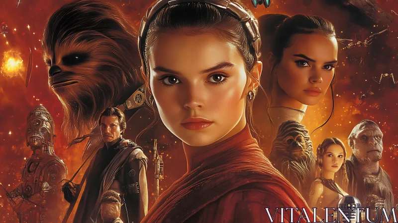 Cinematic sci fi ensemble poster with heroic central heroine