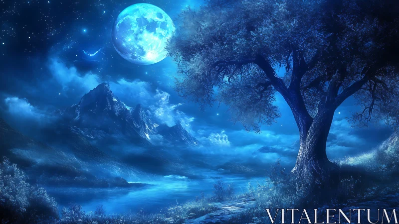 Moonlit mountainous lake landscape is rendered in cool blue tones