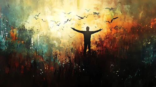 Sunlit embrace of freedom beneath a swirling painted sky.