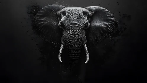 Elephant head portrait in dark monochrome digital art.