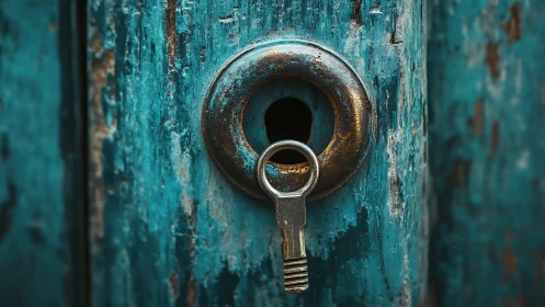 Close-up of metal key in worn turquoise wooden door keyhole.