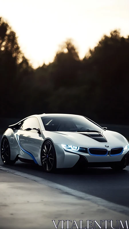 Futuristic white sports coupe with blue LED accents at dusk.