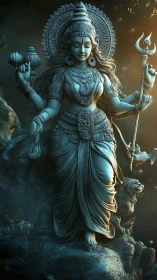 Divine warrior goddess statue rendered in cinematic 3D lighting