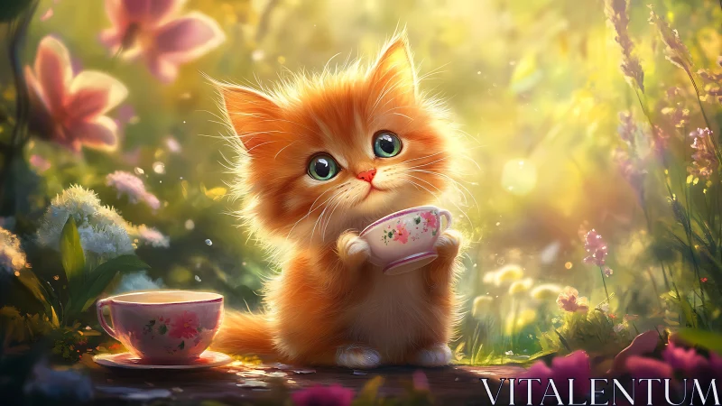 Felid figure with beverage vessels in botanical environment.