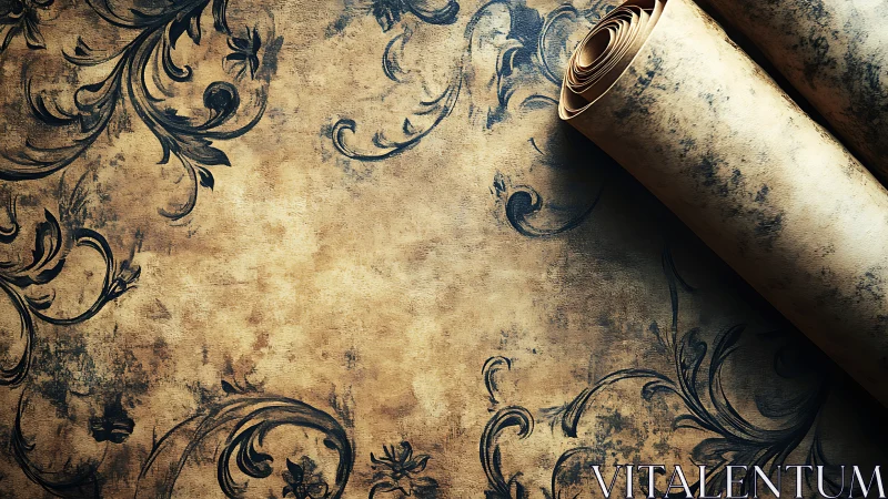 Rolled vintage scroll with dark ornamental floral pattern
