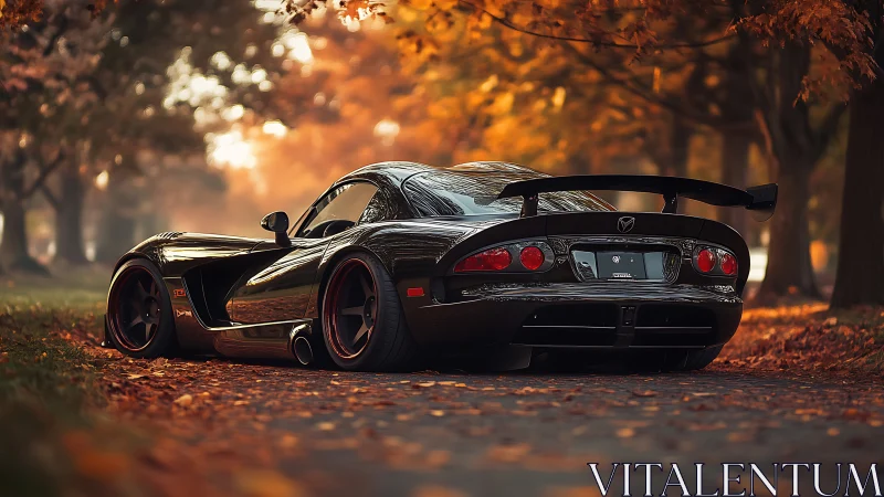 Low black supercar gleams under golden autumn trees on lane