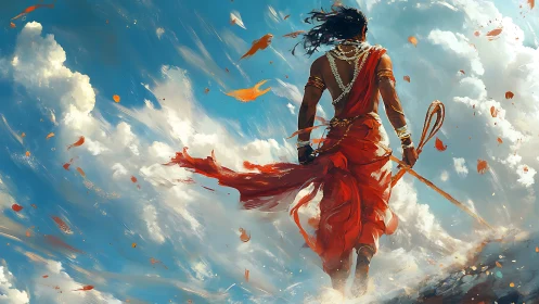 Dynamic warrior silhouette strides through cloud-swept aerial landscape