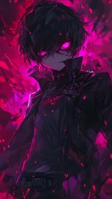 Dark anime antihero radiates neon magenta infernal power.