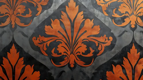 Ornate copper damask pattern shimmers on moody charcoal ground
