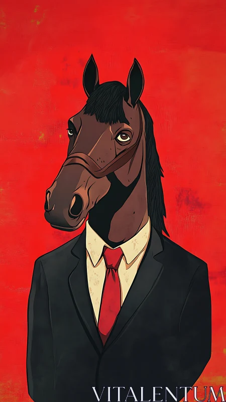 Equine-headed executive in suit against saturated red field.