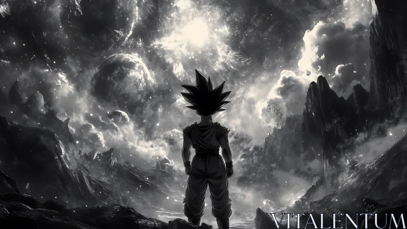 Silhouetted figure facing cosmic sky over rocky terrain.