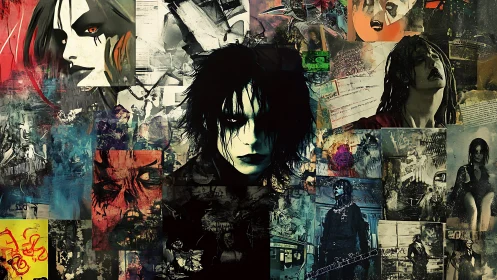 Gothic punk collage with fragmented portraits and neon textures.