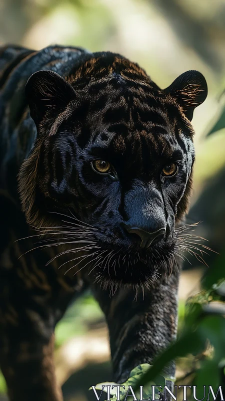 Photorealistic black tiger portrait in shallow forest focus.