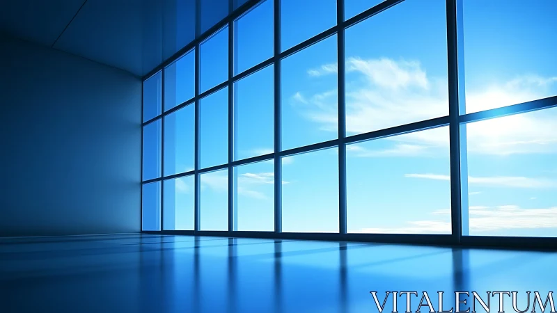 Sunlit empty room with tall glass windows and blue sky.
