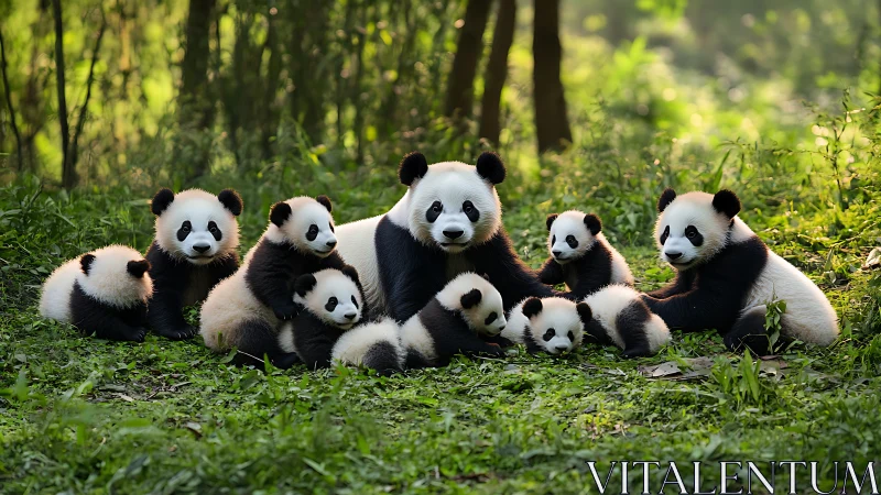 Group of giant pandas resting on grass in forest habitat.