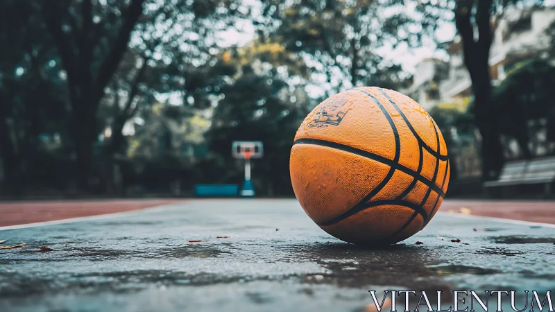 Macro depth-of-field study of wet basketball on court surface.