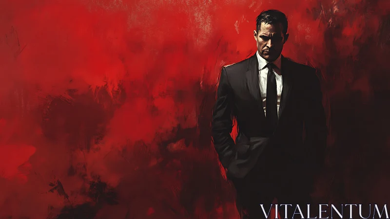 Solitary suited figure dominates abstract crimson backdrop