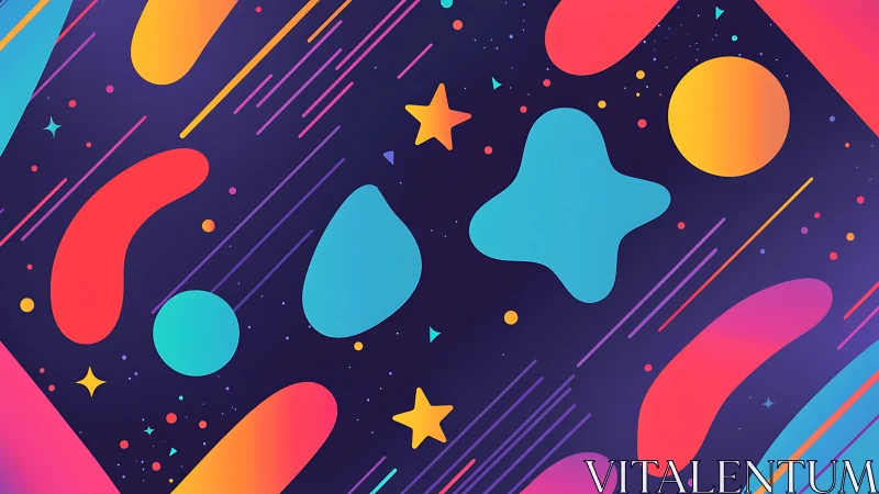 Neon geometric blobs with gradients on deep cosmic navy background.