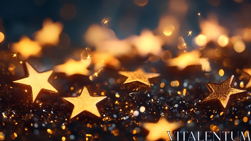 Golden five-pointed star shapes on glittering surface.