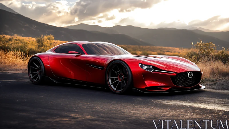 Sculpted red sports coupe in cinematic sunset landscape scene.