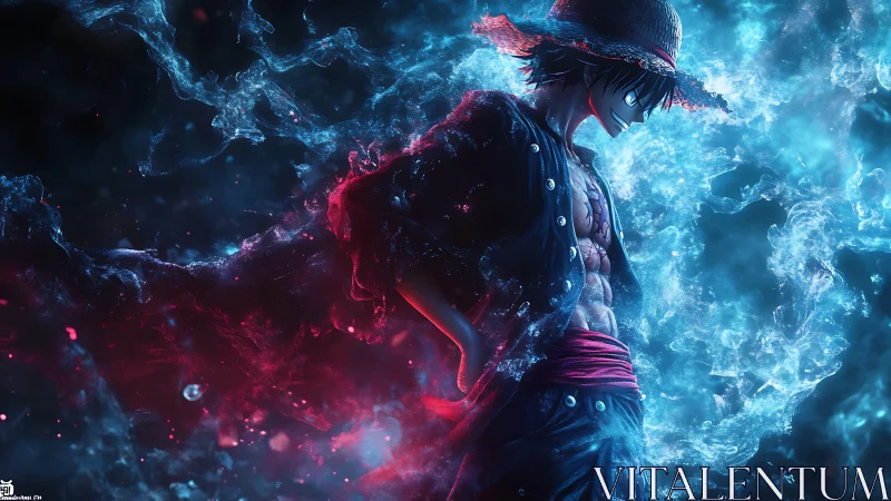 Straw-hatted warrior amid glowing blue and red energy storm.