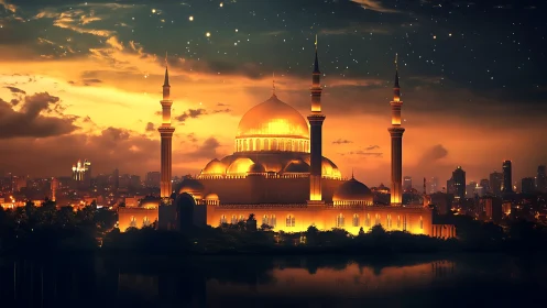 Skyline mosque ignites the twilight with celestial radiance.