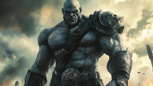 Armored stone-skinned warlord under stormlit apocalyptic sky