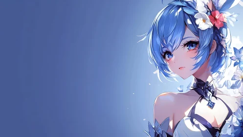 Blue haired anime girl gazes softly against serene sky