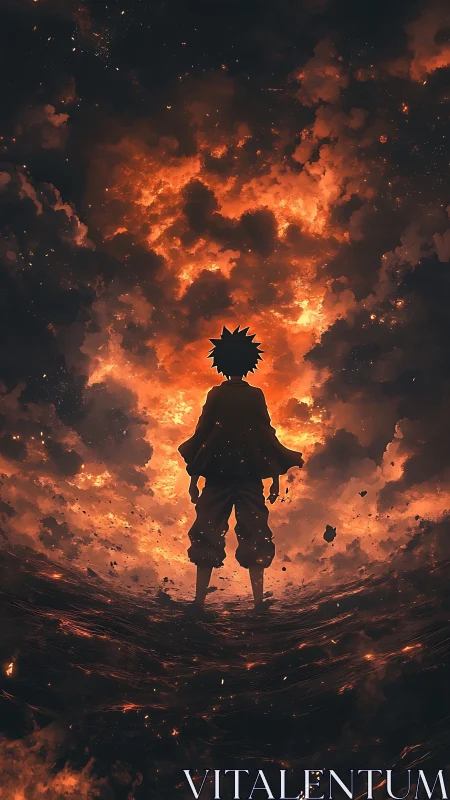 Silhouette of lone figure before dense fiery sky field.