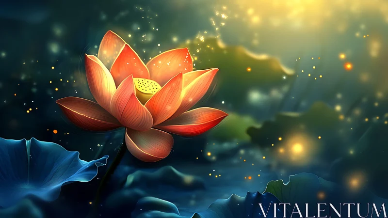 Luminous lotus bloom amid glowing dusk particles.