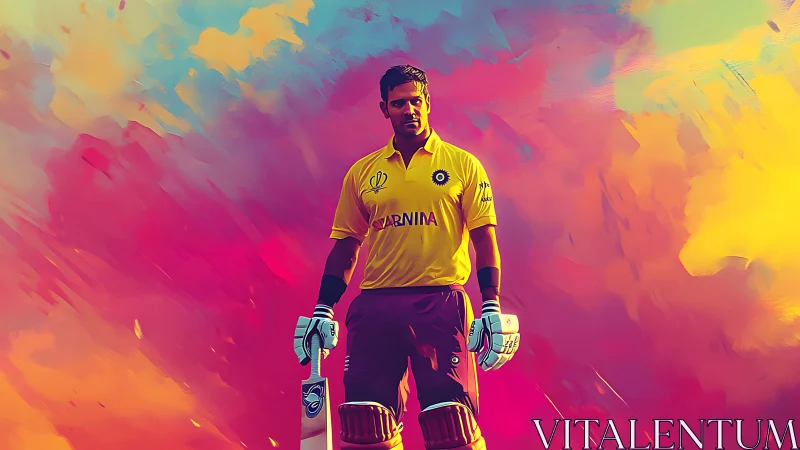 Cricketer in yellow jersey against multicolor abstract field.