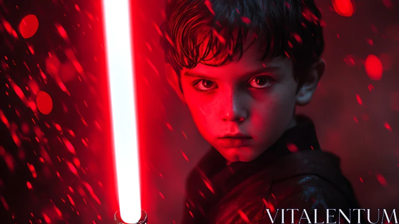 Young boy holding red glowing sci fi sword in darkness.