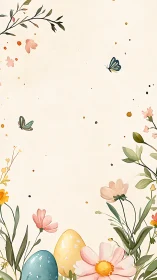 Pastel meadow brunch with shy Easter eggs and butterflies.