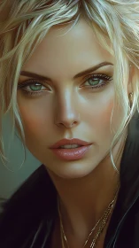 High-detail digital portrait isolates blonde woman’s intense gaze