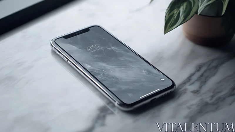 iPhone on marble surface with potted plant, lock screen displayed.
