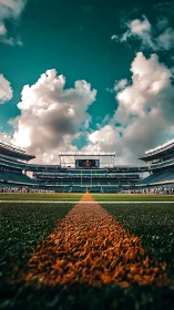 Golden yard line leads into dramatic football stadium sky.