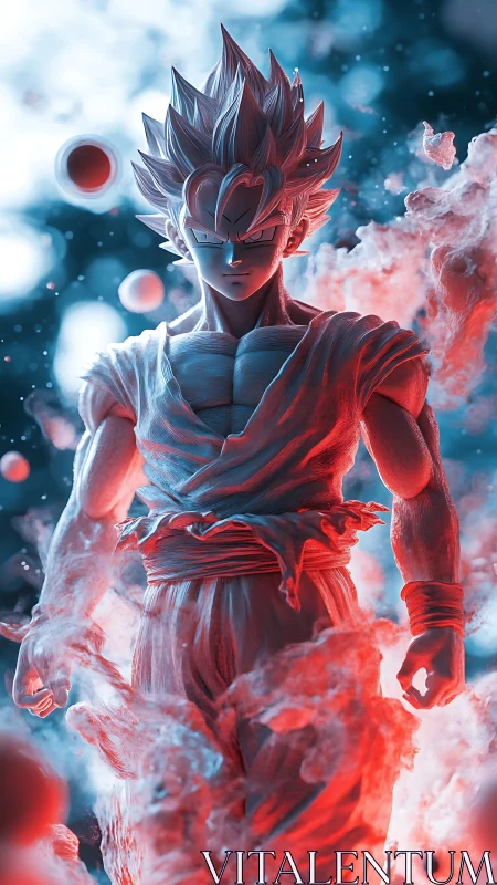 Stylized anime fighter figure in red and blue energy haze.