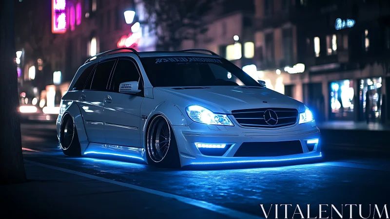Neon night cruise with a low-slung custom white Mercedes.