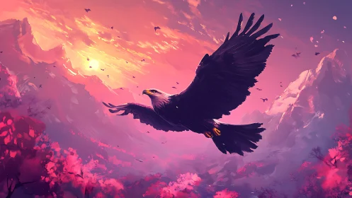 Majestic Eagle Soaring Over Vibrant Mountains in Digital Art Style.