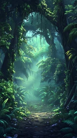 Mystical Forest Cavern with Luminous Vegetation and Misty Atmosphere.
