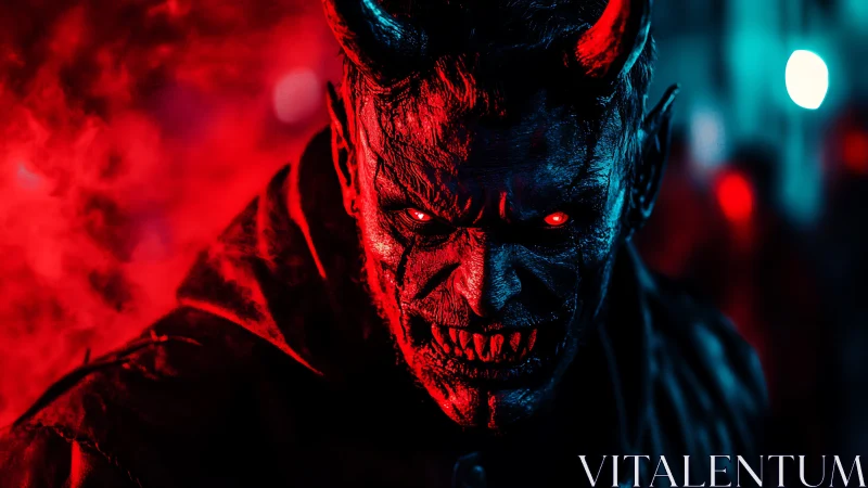 Demonic humanoid portrait with red-blue rim lighting and high contrast