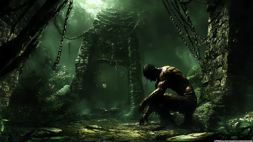 Brooding titan in moss-drowned jungle ruins at dusk.