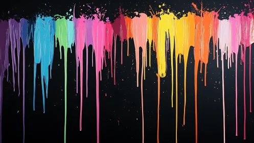 Vertical drips of multicolored paint on dark background.