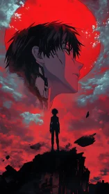 Solitary cyberpunk silhouette confronts a haunting crimson sky