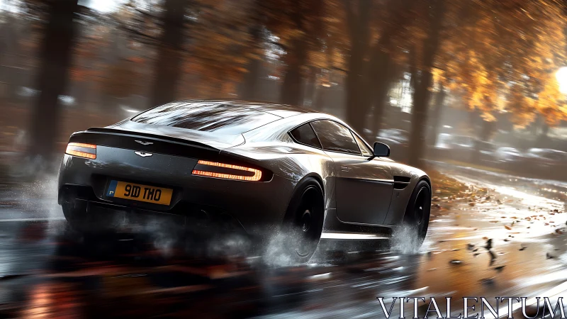 Silver sports coupe driving fast on wet autumn road.