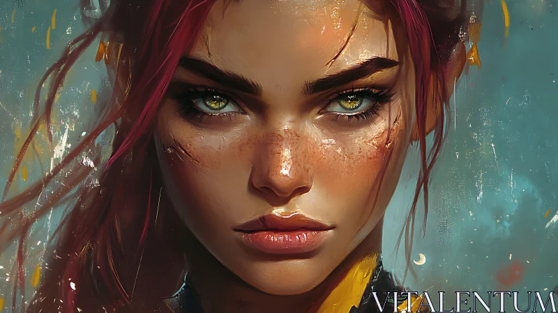 Fierce red haired warrior portrait with intense green eyes.