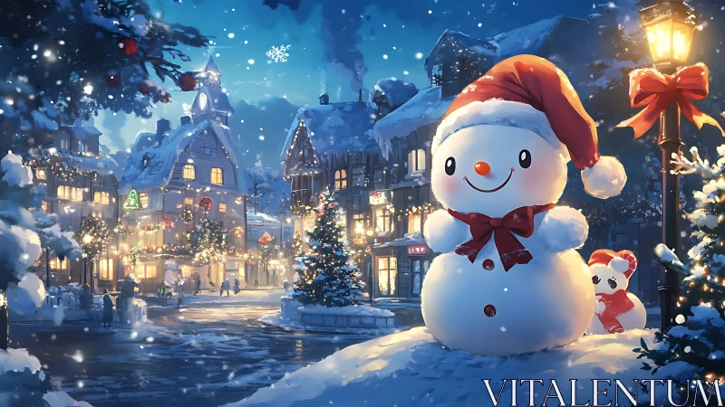 Snowman in illuminated winter town square at night.