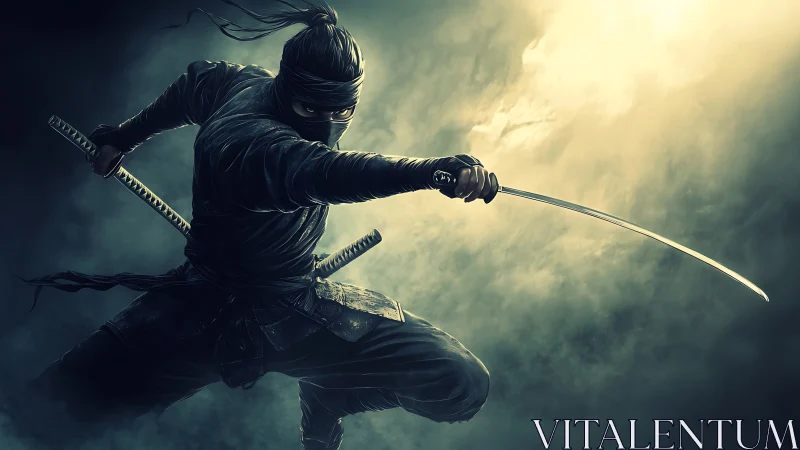 Dynamic digital painting of ninja swordsman in attack stance.